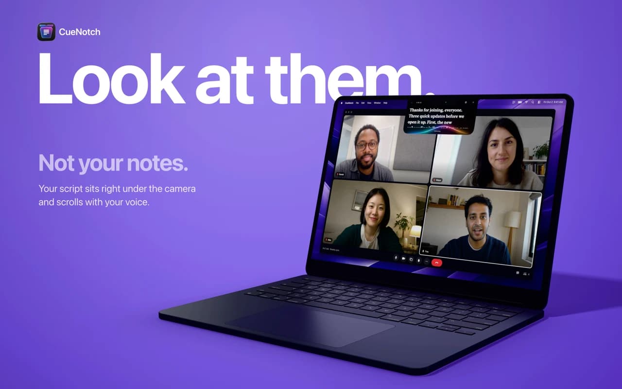 CueNotch showing a script in the MacBook notch during a video call