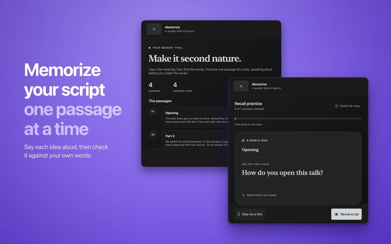 Memorize mode practising a script one passage at a time